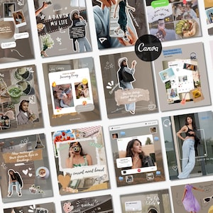 Op de afbeelding: Een collage van digitale scrapbookpagina's met een neutraal kleurenpalet. De pagina's bevatten foto's, tekst en decoratieve elementen. Tekst omvat "A Day in My Life", "January Recap" en "My Current Mood Board". Het Canva-logo is zichtbaar.