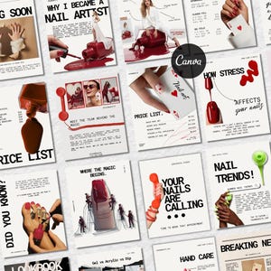 May include: A collection of promotional posters for a nail salon, featuring images of nail polish, manicured hands, and text such as "Price List" and "Nail Trends!" The posters have a modern, minimalist design with a white background and red accents.