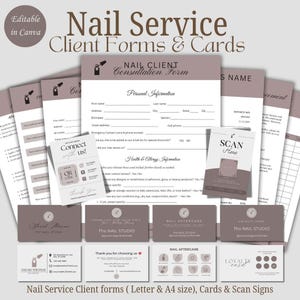 May include: A collection of nail service client forms and cards in a soft brown and white color scheme. Includes consultation forms, aftercare cards, loyalty cards, and scan signs. The text "Nail Service Client Forms & Cards" is at the top.