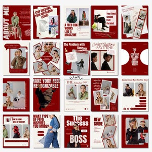 May include: A collection of red and white Instagram post templates with various layouts and text. The templates feature images of people, text overlays, and design elements. Topics include Instagram layout, content, and branding.