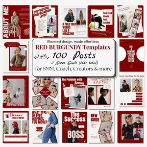 Puede incluir: Un conjunto de plantillas de publicaciones de Instagram en rojo y burdeos. Las plantillas incluyen varios diseños con texto como "Acerca de mí", "Deja de adivinar tu diseño de Instagram" y "The Success BOSS". Las plantillas están diseñadas para SMM, entrenadores y creadores.