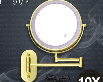 Espejo de maquillaje LED con aumento de 10x y luz anular, elegante espejo de pared sin marco para maquillaje de baño, espejo cosmético para mujeres.