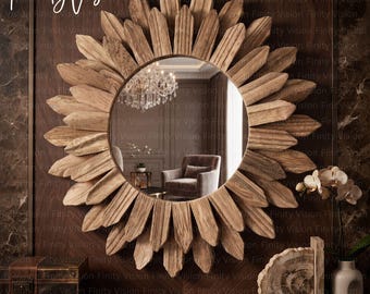 Zonnebloem wandspiegel, rustieke houten decoratieve spiegel, houten zonnespiegel, decoratie voor de hal, accent voor de kaptafel.