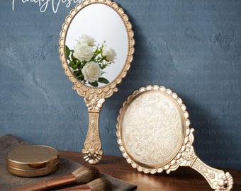 Espelho de mão dourado para noivas, espelho de penteadeira floral dourado para decoração de sala de estar, espelho de mão vintage, presente ideal para mulheres.