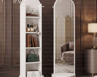 Full Length Mirror With Shelf, 360 Rotating Floor Mirror, Modern Standing Dressing Mirror, Wooden Mirror