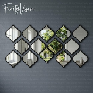 May include: A collection of decorative wall mirrors with a black frame and a unique quatrefoil shape. The mirrors reflect outdoor scenes and are arranged on a gray wall. The text "Finity Vision" is in the upper left corner.