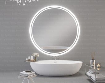 Espejo de tocador moderno sin marco con iluminación, decoración moderna para recibidor, espejo redondo con LED, espejo de baño con luz, espejo contemporáneo
