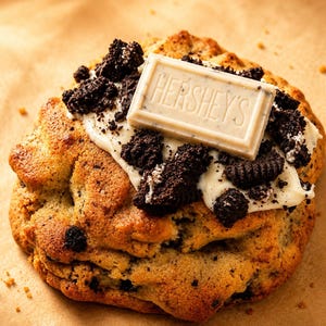 May include: A large, golden-brown cookie topped with a layer of white frosting, dark chocolate cookie crumbles, and a rectangular white chocolate bar embossed with the text HERSHEY'S. The cookie has a textured surface with visible dark inclusions.