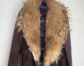 Vintage Fur Jacket Coat Size Large Tan Brown Fur Lined// 80s