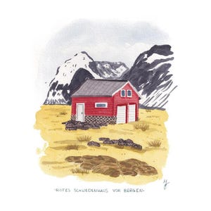 Originale Illustration Rotes Schwedenhaus vor Bergen | handgemalte Aquarellkunst | datierte & signierte Illustration | Aquarellillustration