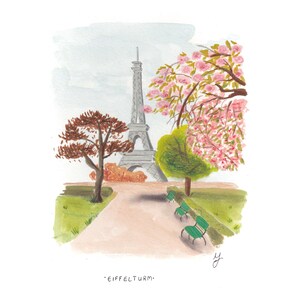 Eiffel Tower | hand-painted illustration | signed gouache art | dated & signed art | wall decor | spring decoration