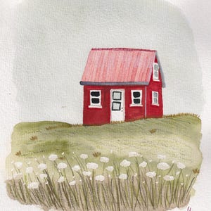 Illustrazione originale Casa rossa con fiori bianchi | arte ad acquerello dipinta a mano | illustrazione datata e firmata | illustrazione ad acquerello