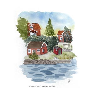 Illustration Schwedische Häuser am See | handgemalte Aquarellkunst | datierte & signierte Illustration | Aquarellillustration | Wanddeko