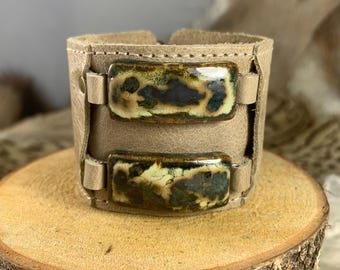 Tortoise Ceramic & Leather Steampunk Cuff