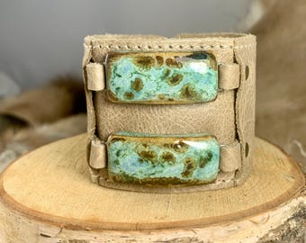 Mossy Leather & Ceramic Cuff