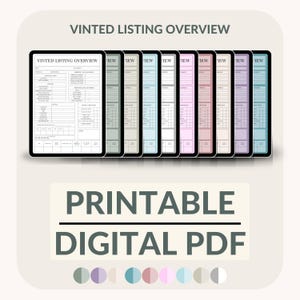 May include: A digital PDF with a Vinted listing overview template. The image shows a tablet with the template, along with several other tablets in various pastel colors. The words "Printable Digital PDF" are displayed below the tablets.