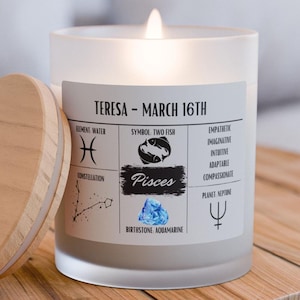 Personalized Pisces Zodiac Frosted Candle | February 19 -March 20 Birthday Gift | Birthdate Candle for Her | Custom Astrology Constellation