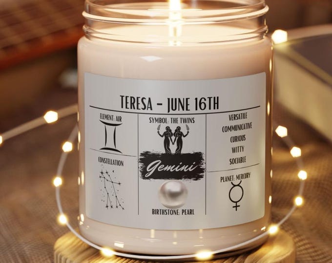 Personalized Gemini Zodiac Candle | May 21 - June 20 Birthday Gift | Birthdate Candle for Her | Custom Astrology Constellation