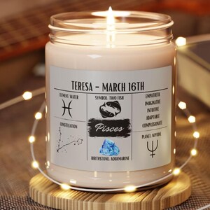 Personalized Pisces Zodiac Candle | February 19 -March 20 Birthday Gift | Birthdate Candle for Her | Custom Astrology Constellation