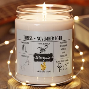 Personalized Scorpio Zodiac Candle | October 23 - November 21 Birthday Gift | Birthdate Candle for Her | Custom Astrology Constellation