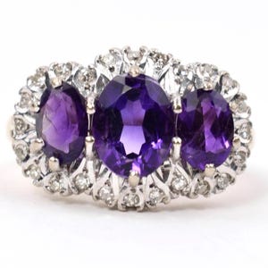British Designer 18K Gold Amethyst Diamond Halo Trilogy Ring Size 6 Mark Brummer J.H.L London