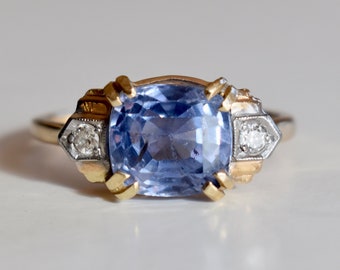Retro 14K Yellow Gold Palladium 5 ct Ceylon Sapphire Diamond Ring F & F Felger