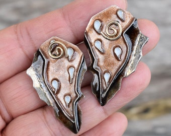 Hand Crafted Sterling Silver Enamel Swirl Earring Studs with Large Jackets Chocolate Cream Drops