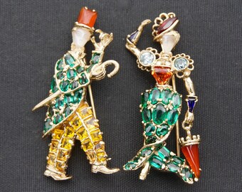 Pair Green Tourmaline Zircon Multi-gem Brooches Pins 14K Moonstone Faces - Gentleman and Lady
