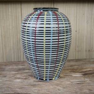 Mid-Century Modern Hand Crafted Porcelain Vase with multi-color Threaded Design