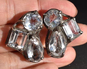 Statement Sterling Silver Brutalist Style Clear Crystal Clip on Earrings