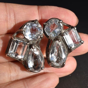 Statement Sterling Silver Brutalist Style Clear Crystal Clip on Earrings
