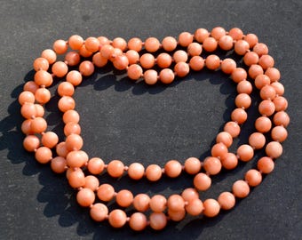 Flapper Style Long 32 inches Genuine Pink Angle Skin Coral Beaded Necklace