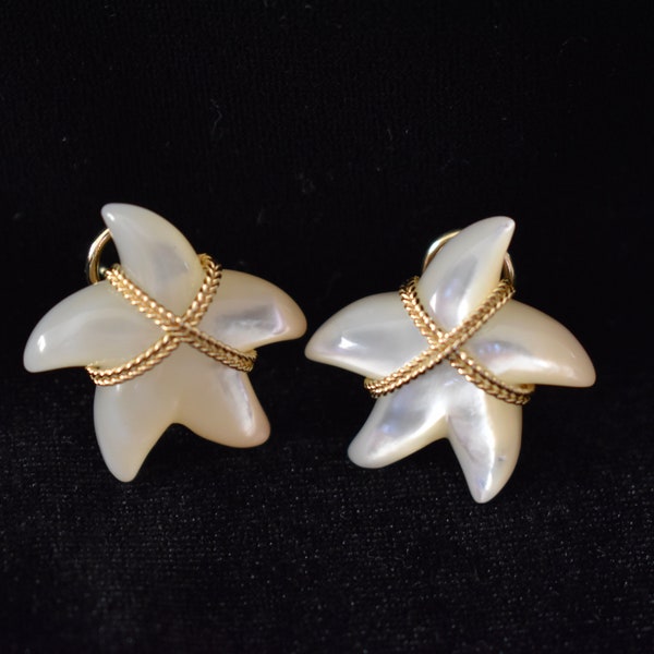 Designer Maz Mazza 14K Yellow Gold Mother of Pearl Starfish MOP Earrings "Kiss"