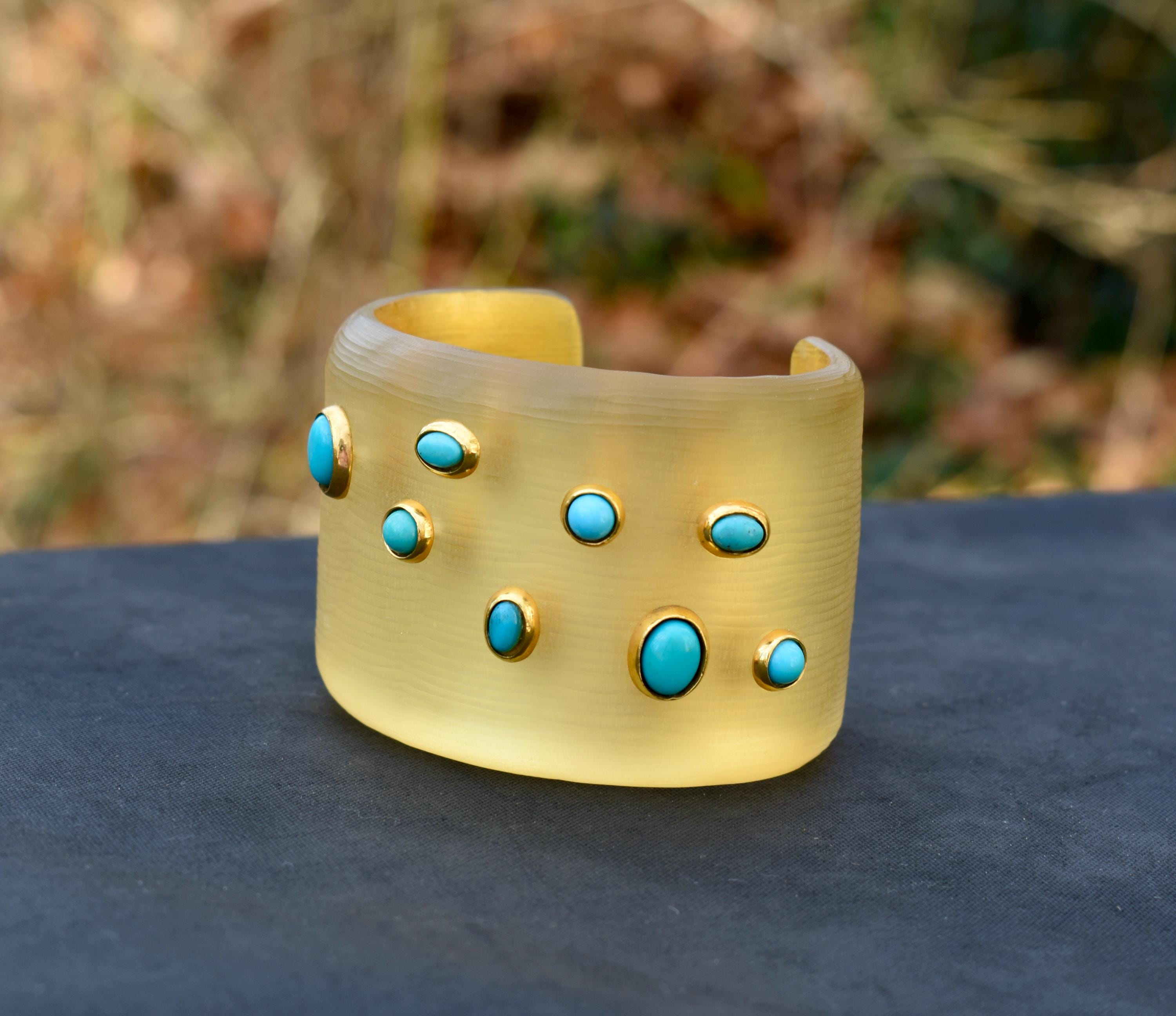 Vintage Hand Carved by Alexis Bittar Wide Lucite Yellow Turquoise