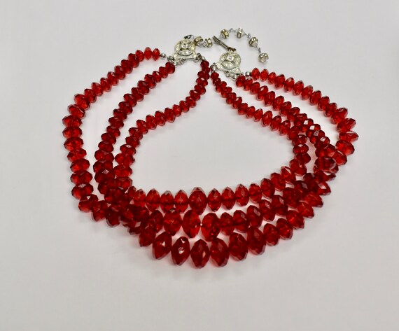 Festive Three Strand Faceted Cherry Red Lucite Ac… - image 3