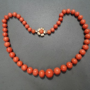 Vintage Mediterranean Red Coral Large Beaded Necklace 14K Flower Clasp 43.2 Grams