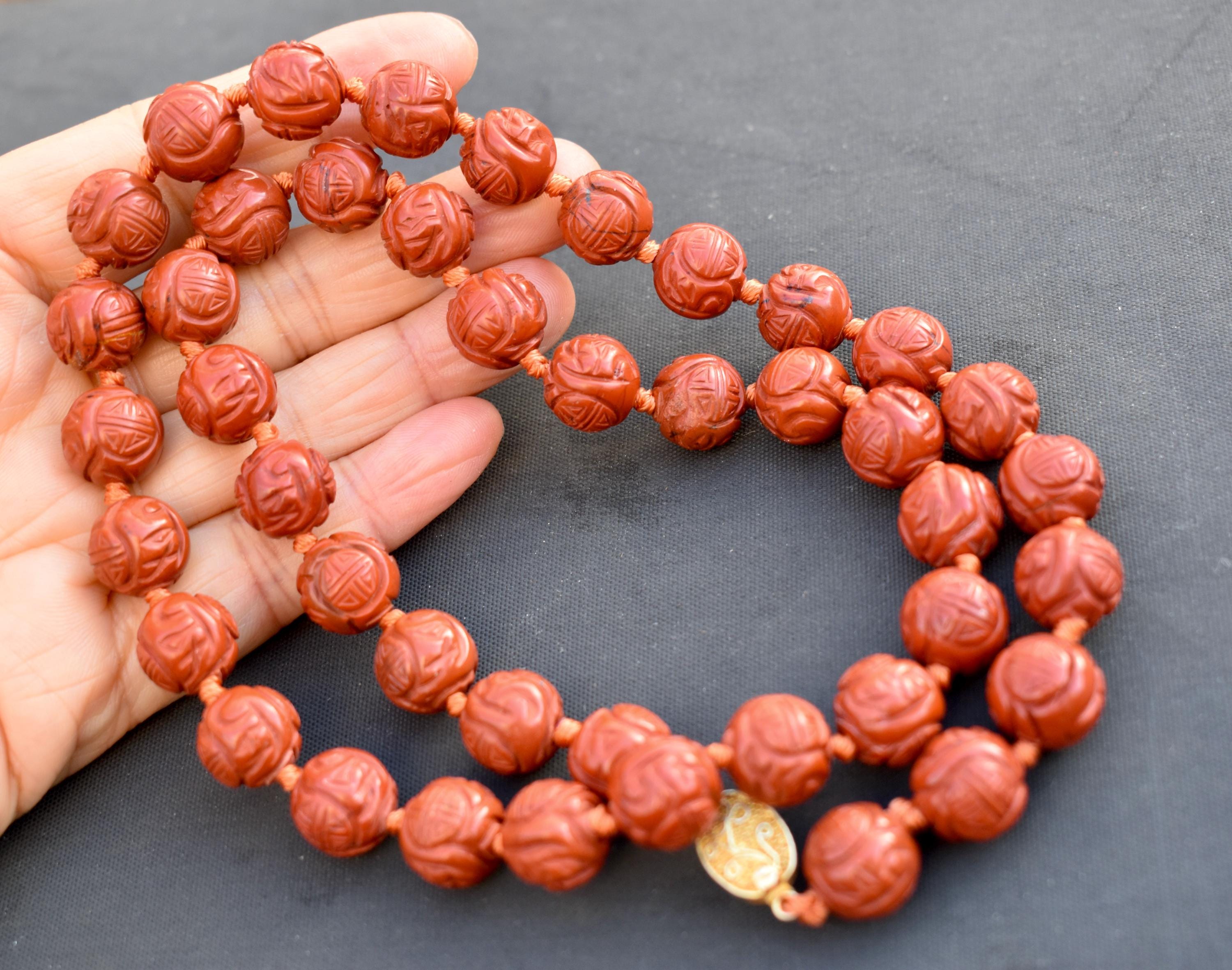 Chinese Carved Read Jasper Longevity Shou Beads Sterling Silver