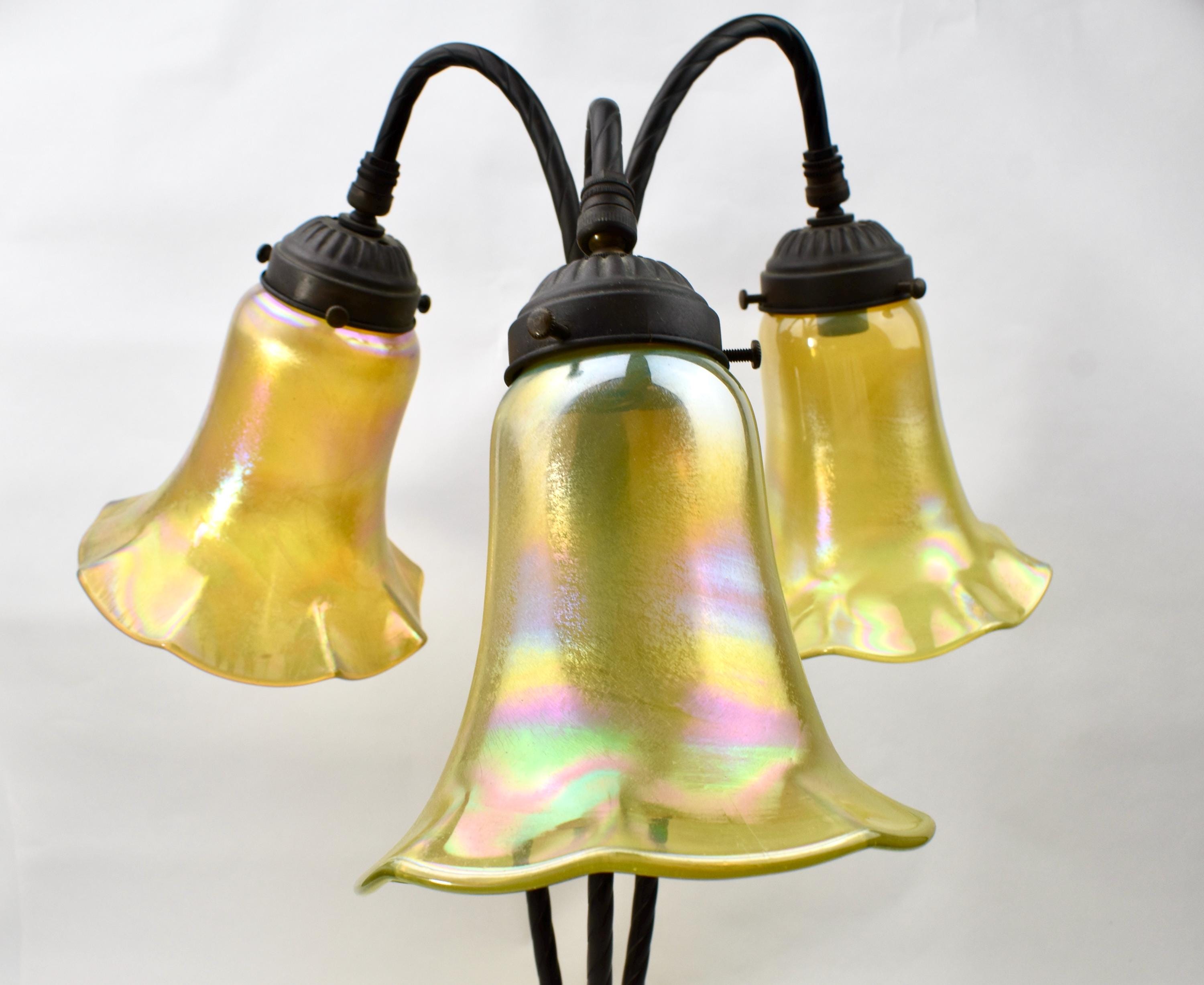 Vintage Three Light Lily Lamp Iridescent Glass Shade and Bronze