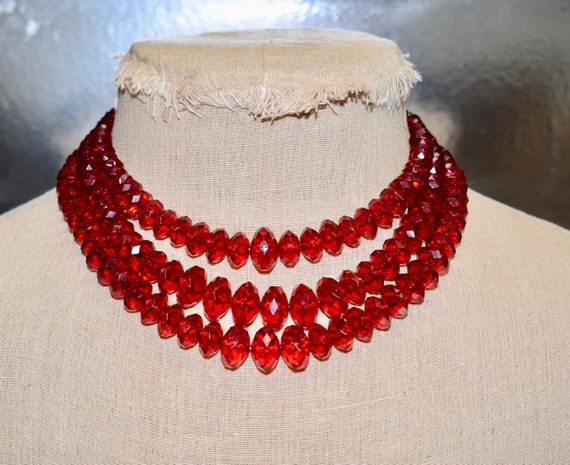 Festive Three Strand Faceted Cherry Red Lucite Ac… - image 10