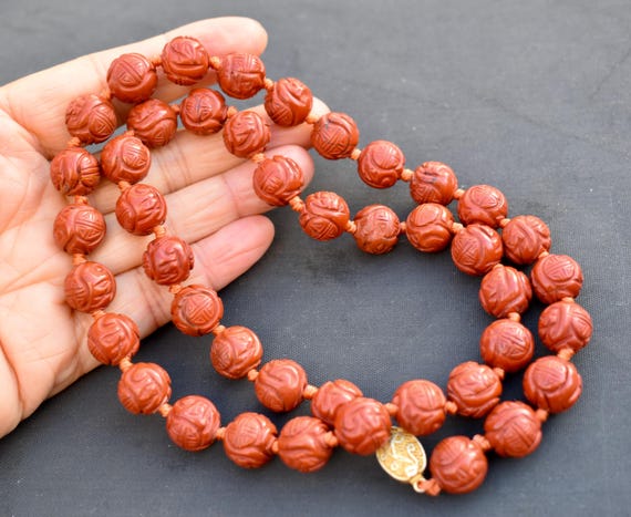 Chinese Carved Read Jasper Longevity Shou Beads Sterling Silver