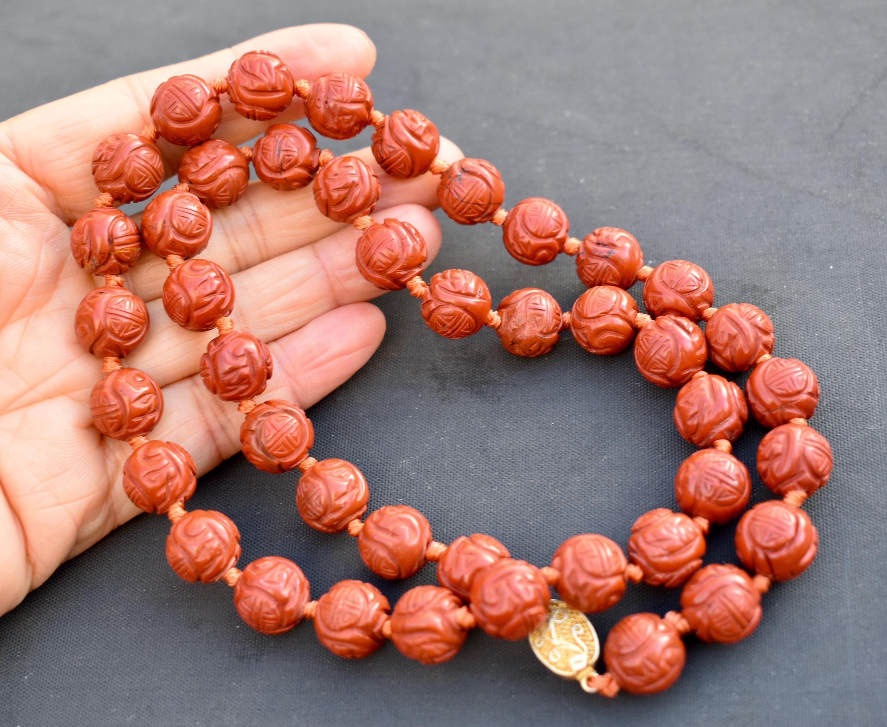 Chinese Carved Read Jasper Longevity Shou Beads Sterling Silver