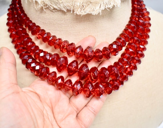 Festive Three Strand Faceted Cherry Red Lucite Ac… - image 2