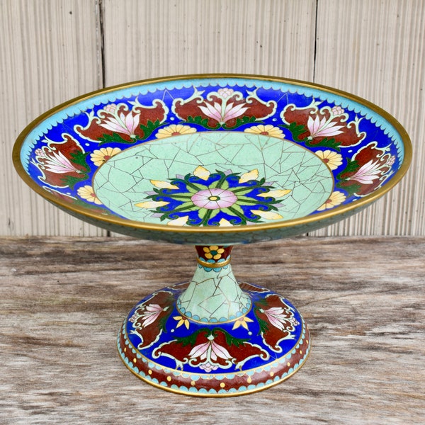 Vintage Chinese Cloisonné Footed Tazza Compote Art Nouveau Style 9 1/2"