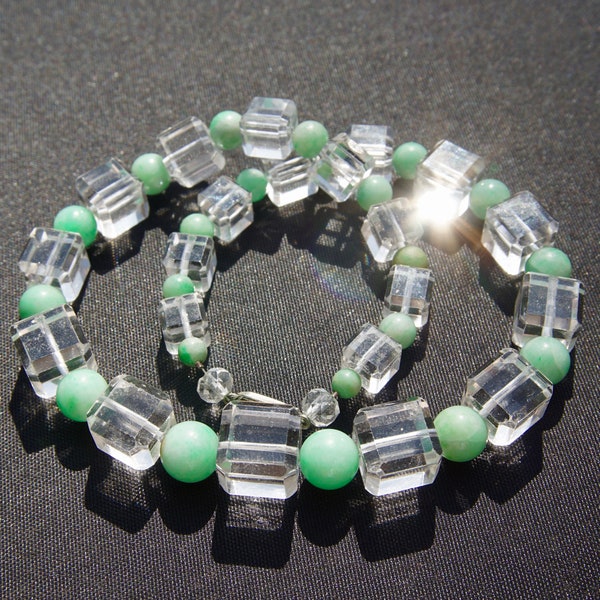 Art Deco Natural Jadeite Jade Rock Crystal Cube Necklace 15 inches