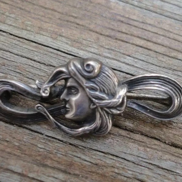Art Nouveau Sterling Silver Bar Pin Lady Profile with Flowing Hair