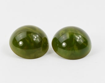 Art Deco Olive Green Marbling Bakelite Domed Button Earrings Clip on Gold Filled backs