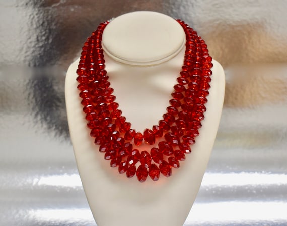 Festive Three Strand Faceted Cherry Red Lucite Ac… - image 1