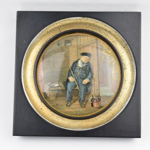 Framed Victorian F & R Prattware Porcelain Jar Lid &quot;On Guard&quot;
