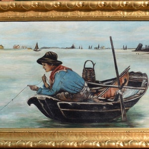 Oil on Canvas Boy Fishing Attributed to Antonio Ermolao Paoletti (Venezia 1833 - 1913)