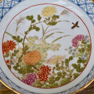 Vintage Japanische Handbemalte Kutani Ware Schale Chrysanthemen Blumen Vögel